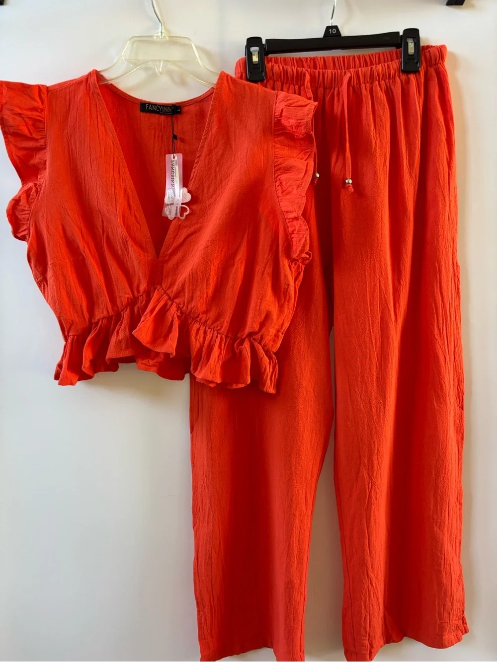 Fancyinn 2 Piece Deep V Neck Crop Top With Side Slit Drawstring Pants L Orange - Picture 6 of 9
